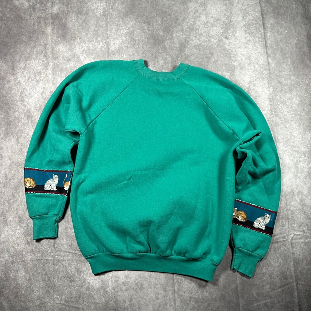 Vintage Fruit of the Loom Cat Quilt Sweatshirt XL Teal Green Made in USA 90s - Picture 2 of 8